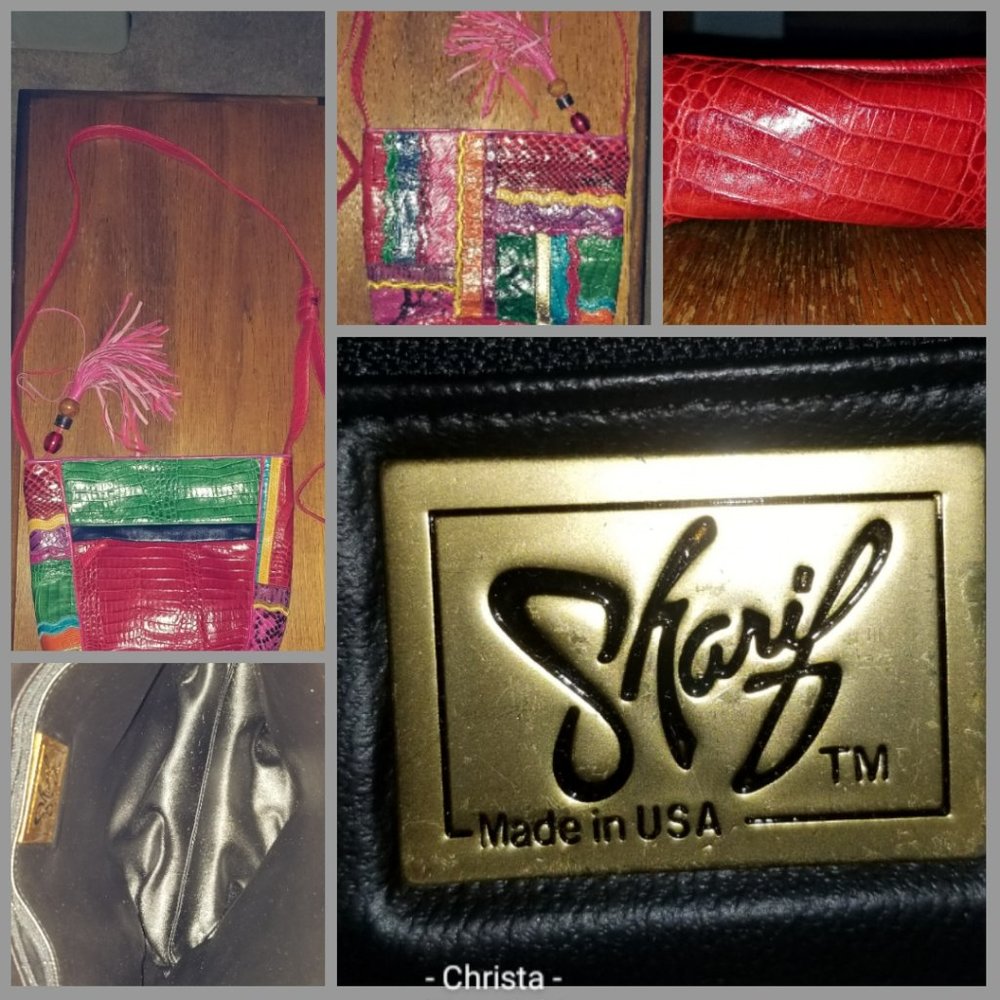 Sharif bright colorful embossed leather crossbody medium size 80's Vintage purse